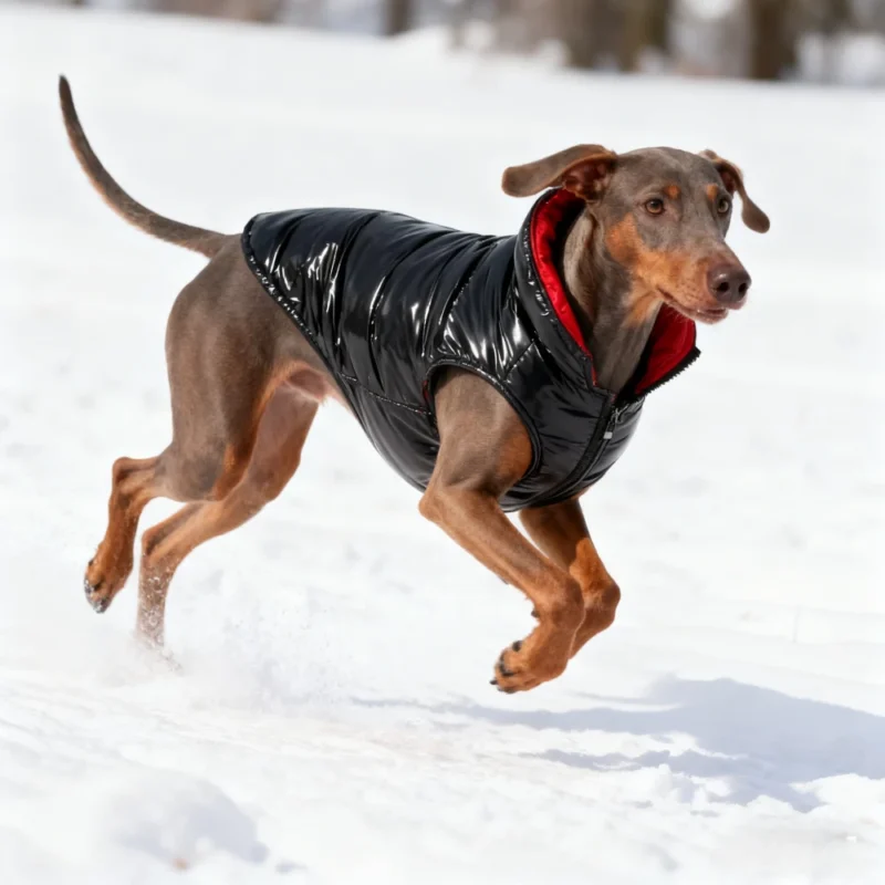 Vizsla or Greyhound wearing technical winter coat running in snow, demonstrating North American Short-Haired Dog Coat Technology