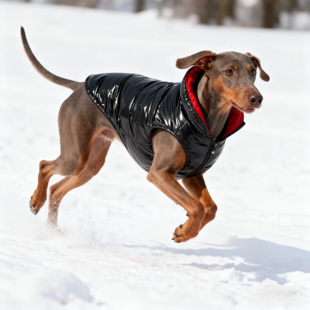 Vizsla or Greyhound wearing technical winter coat running in snow, demonstrating North American Short-Haired Dog Coat Technology